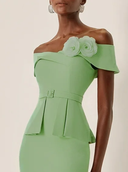 Pink 3D Floral V Neck Short Sleeve Sheath Midi Dress