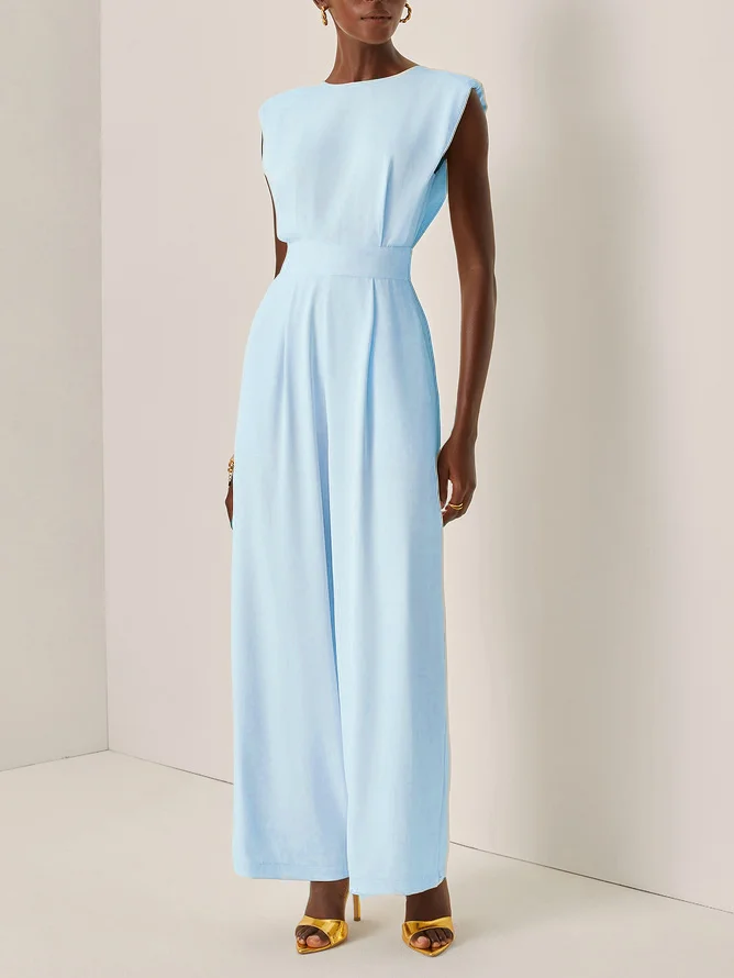 Off White Crew Neck Plain Ruched Urban Jumpsuit 