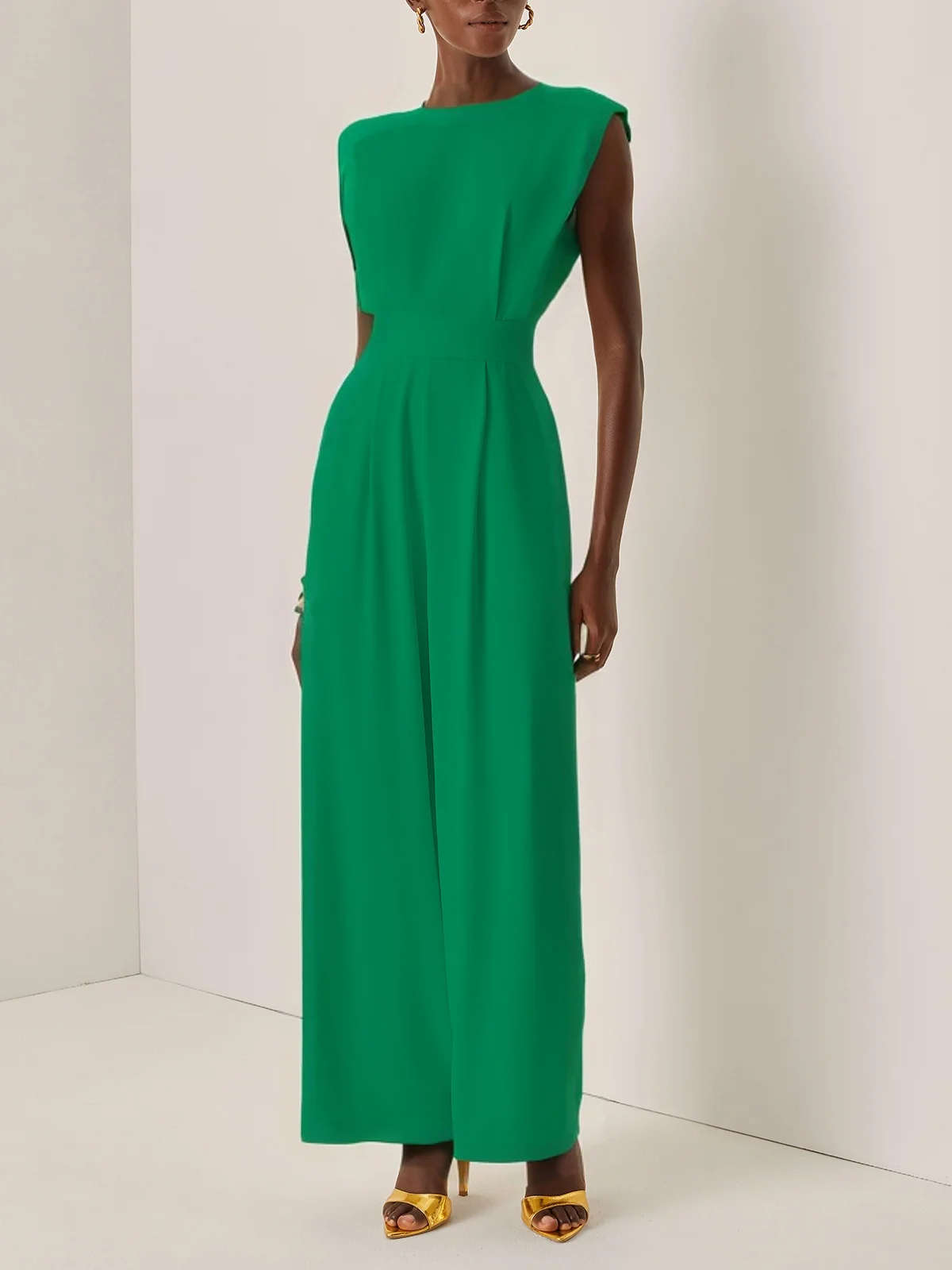 Off White Crew Neck Plain Ruched Urban Jumpsuit 