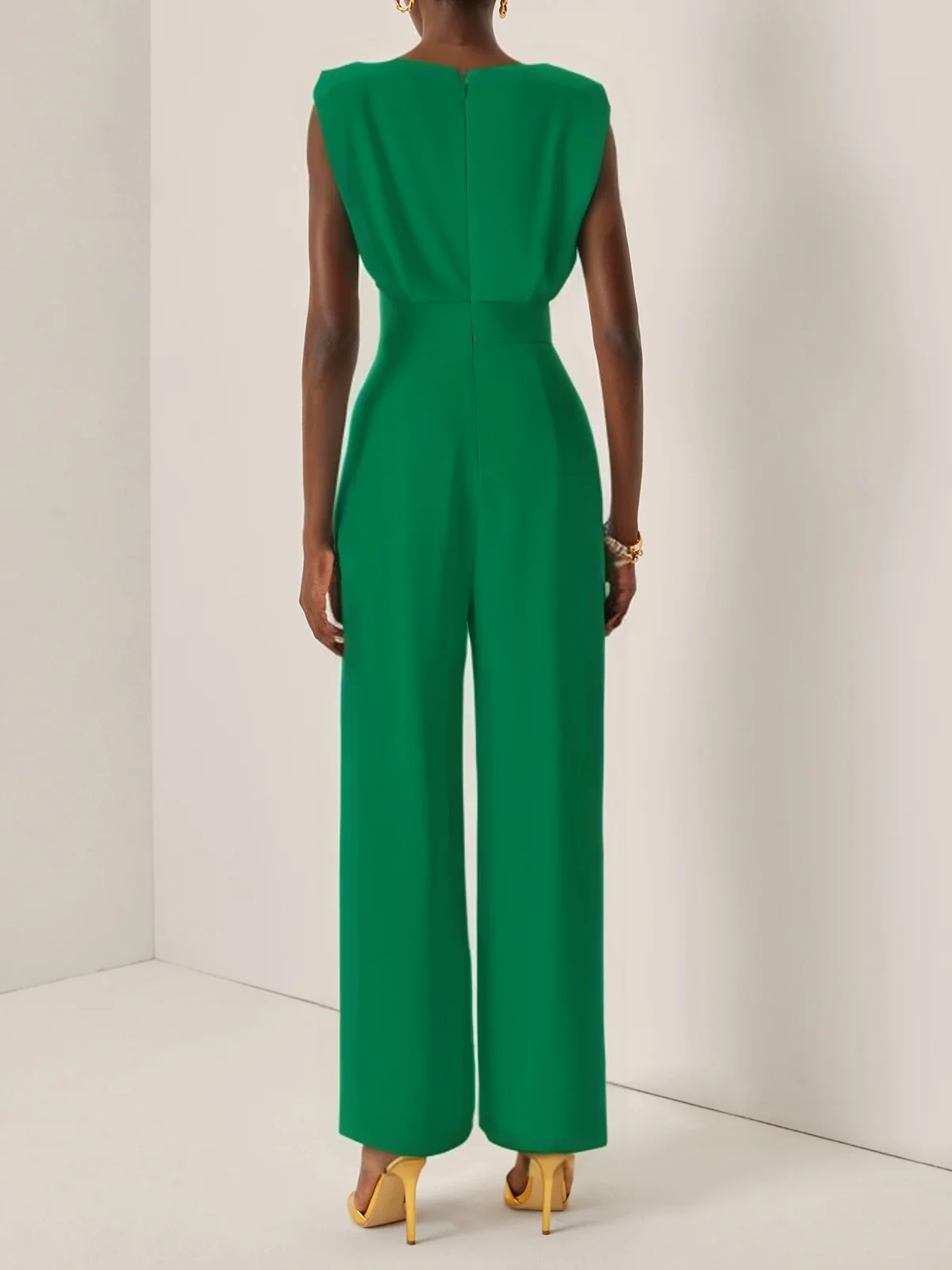 Off White Crew Neck Plain Ruched Urban Jumpsuit 