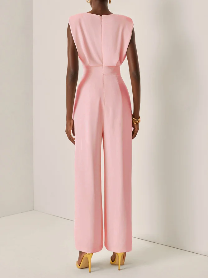 Off White Crew Neck Plain Ruched Urban Jumpsuit 