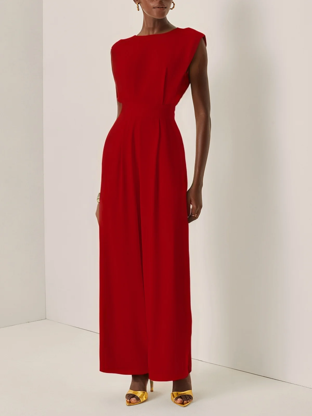 Off White Crew Neck Plain Ruched Urban Jumpsuit 