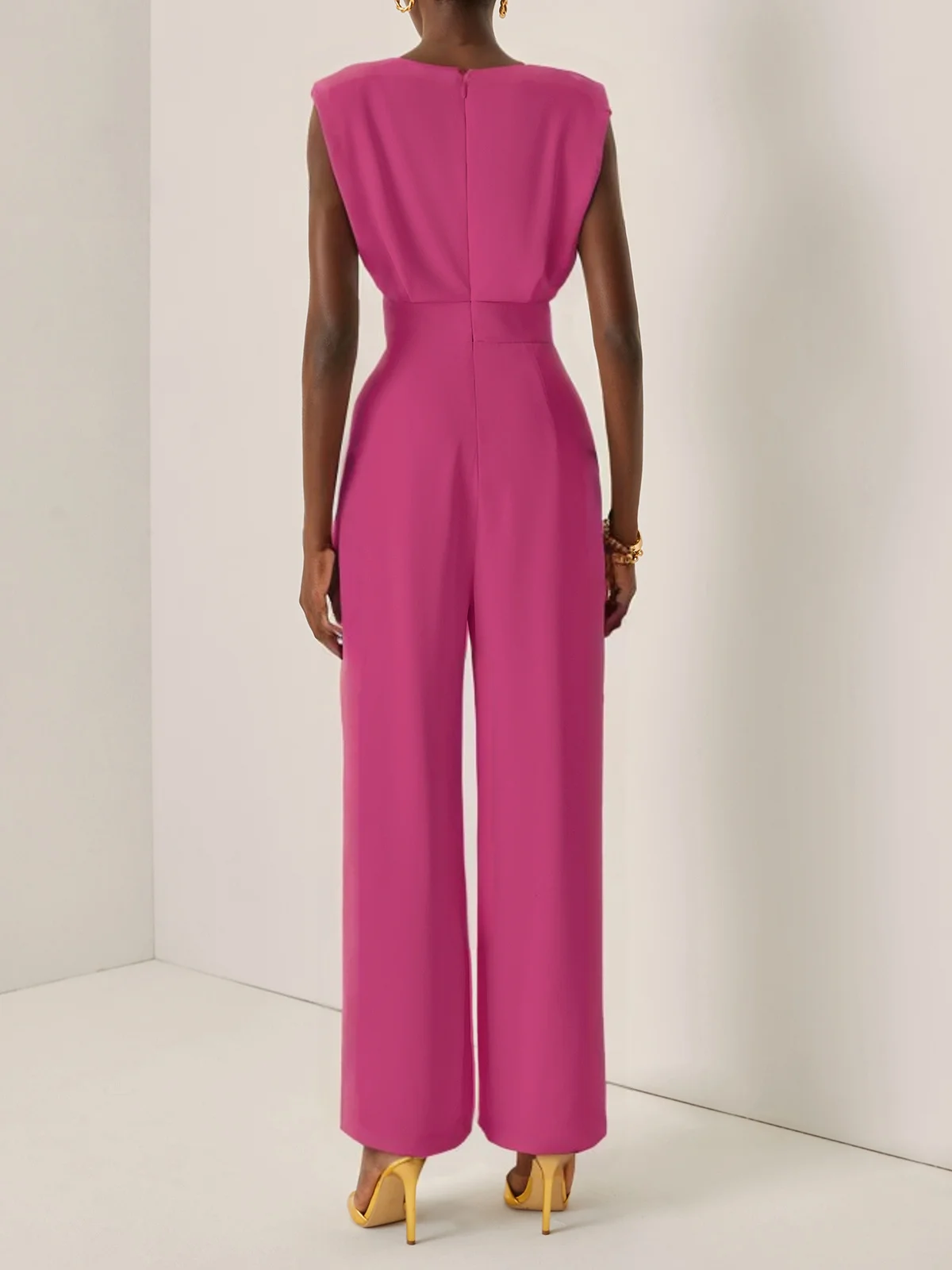 Off White Crew Neck Plain Ruched Urban Jumpsuit 