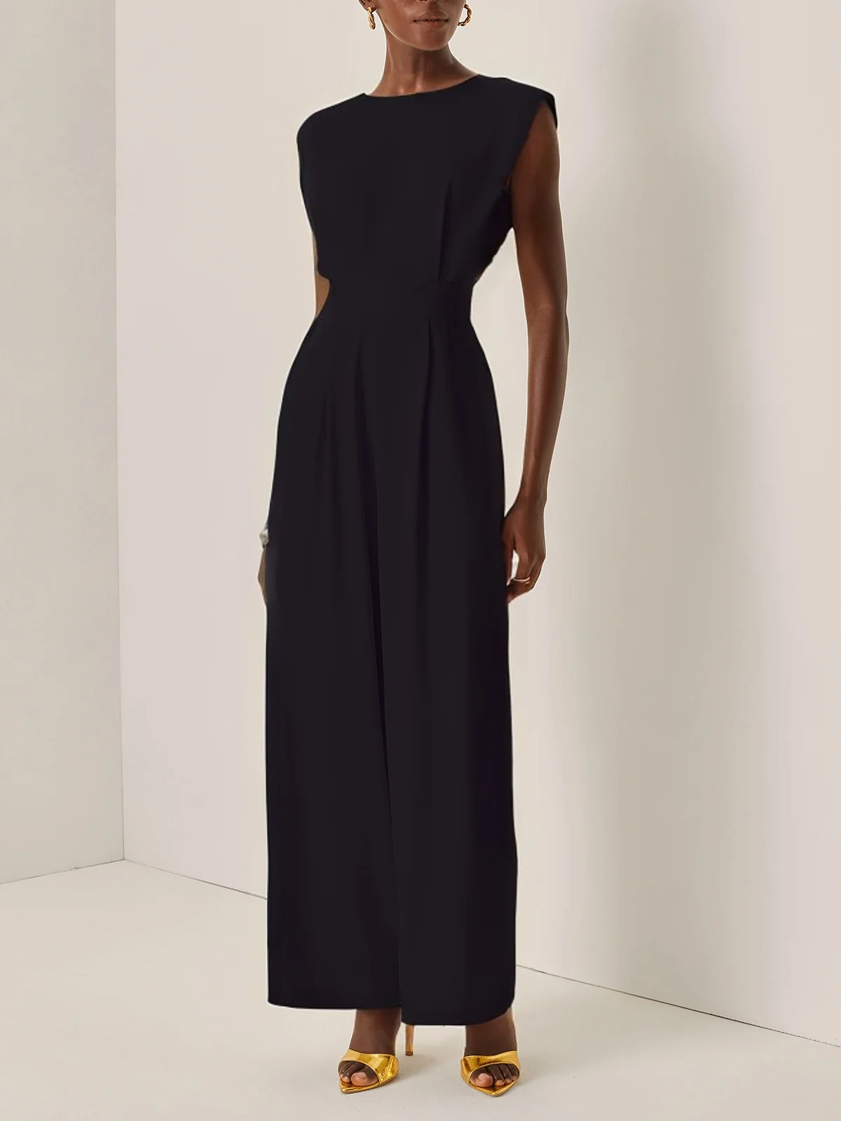 Off White Crew Neck Plain Ruched Urban Jumpsuit 
