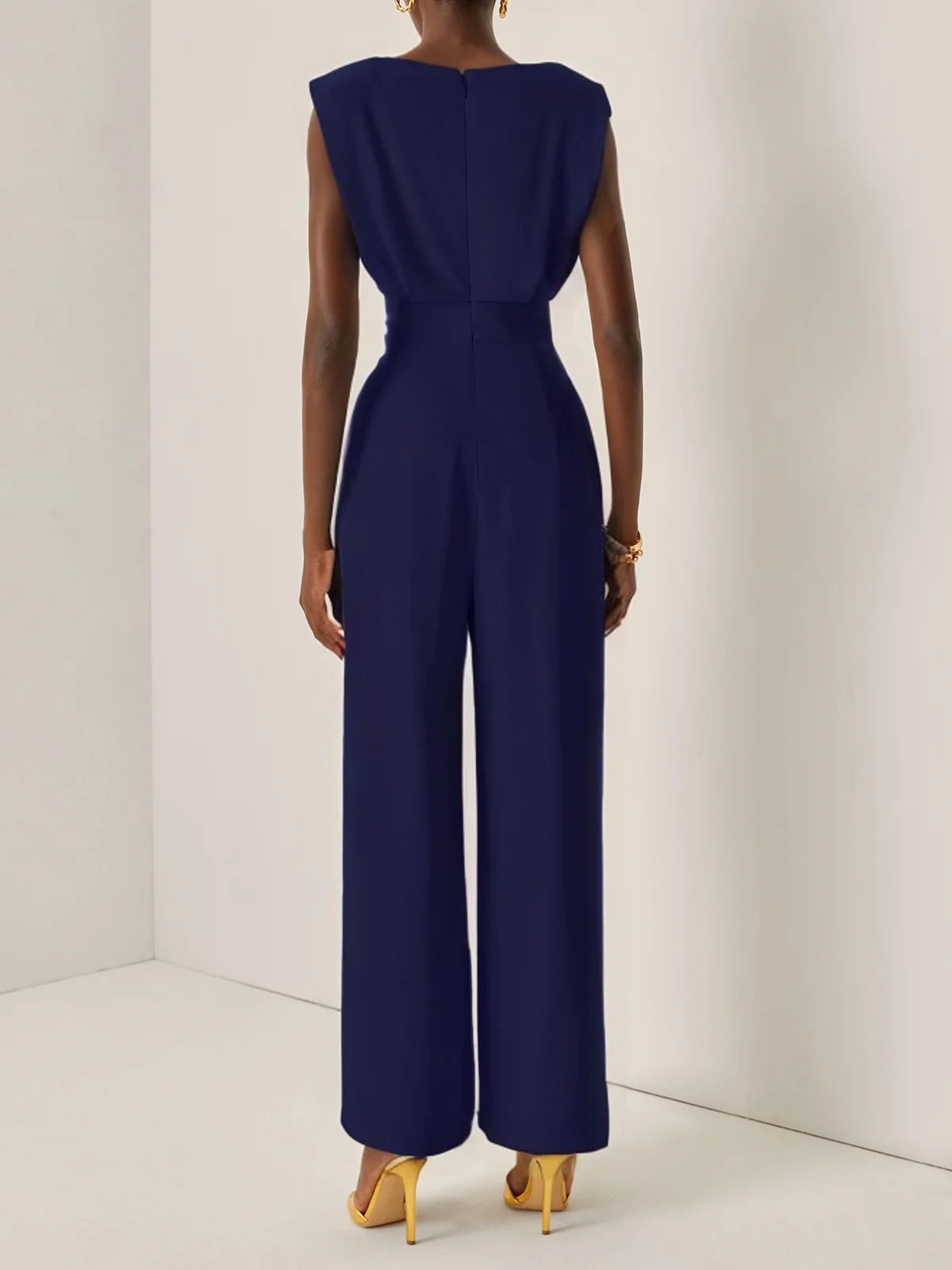 Off White Crew Neck Plain Ruched Urban Jumpsuit 