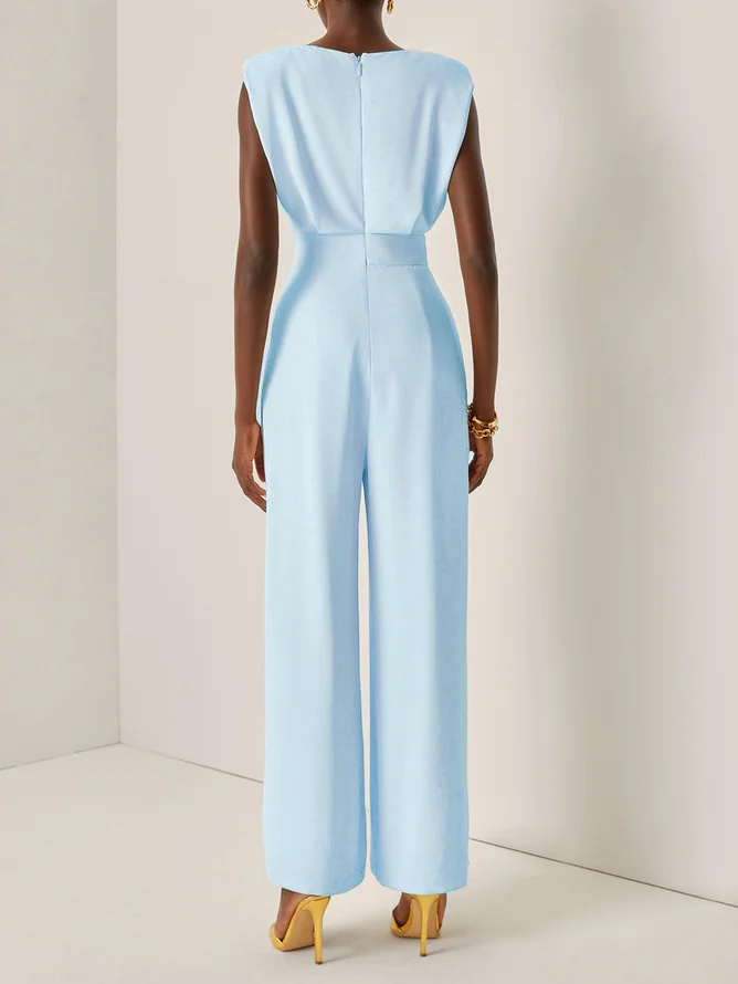 Off White Crew Neck Plain Ruched Urban Jumpsuit 