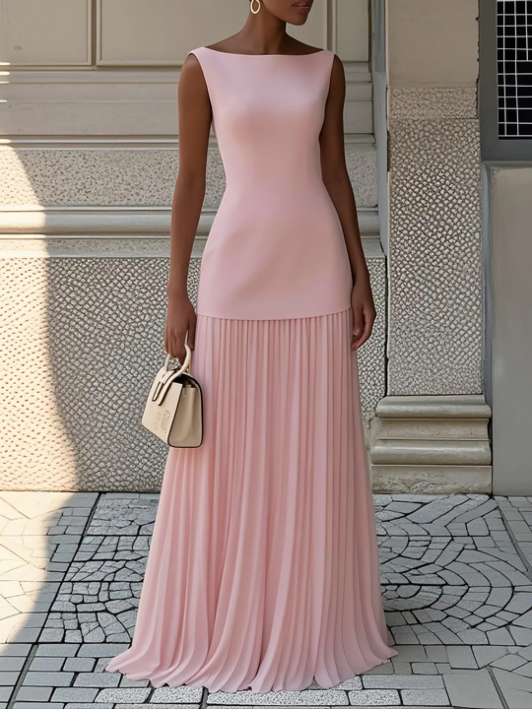 Off White Pleated Classic Boat Neck Sleeveless A-Line Maxi Dress