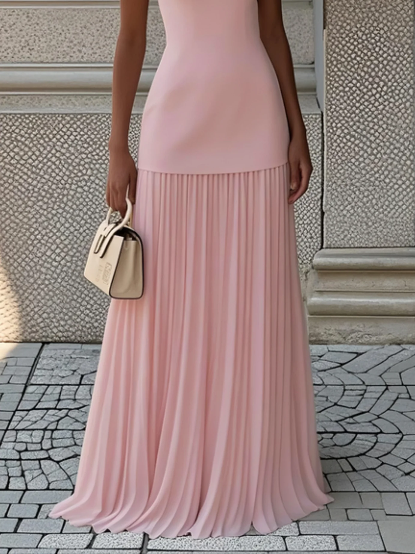 Off White Pleated Classic Boat Neck Sleeveless A-Line Maxi Dress