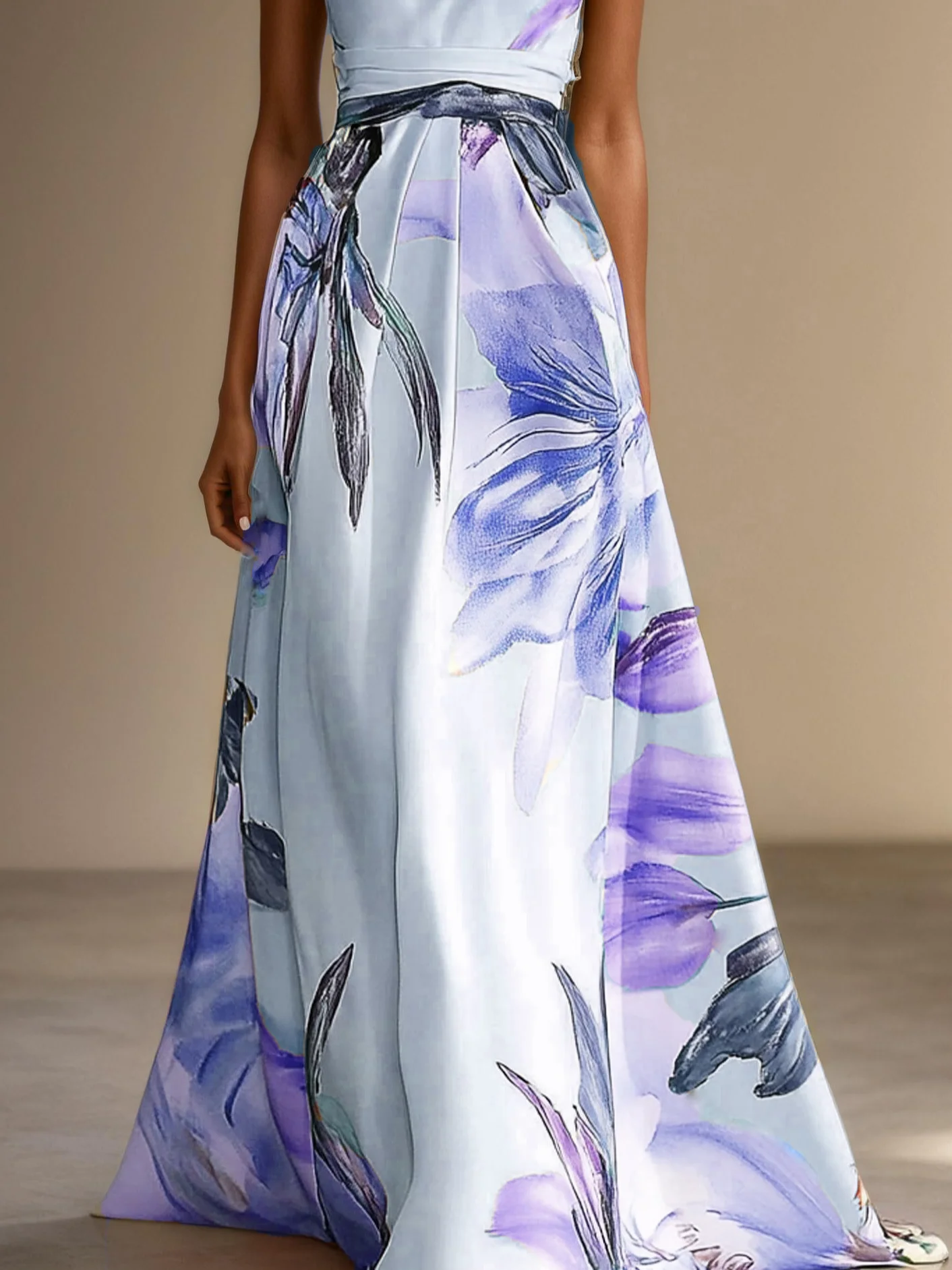 Pink Floral Satin One Shoulder Sleeveless A-Line Maxi Dress
