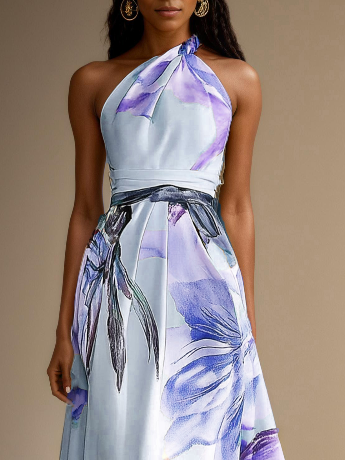Pink Floral Satin One Shoulder Sleeveless A-Line Maxi Dress