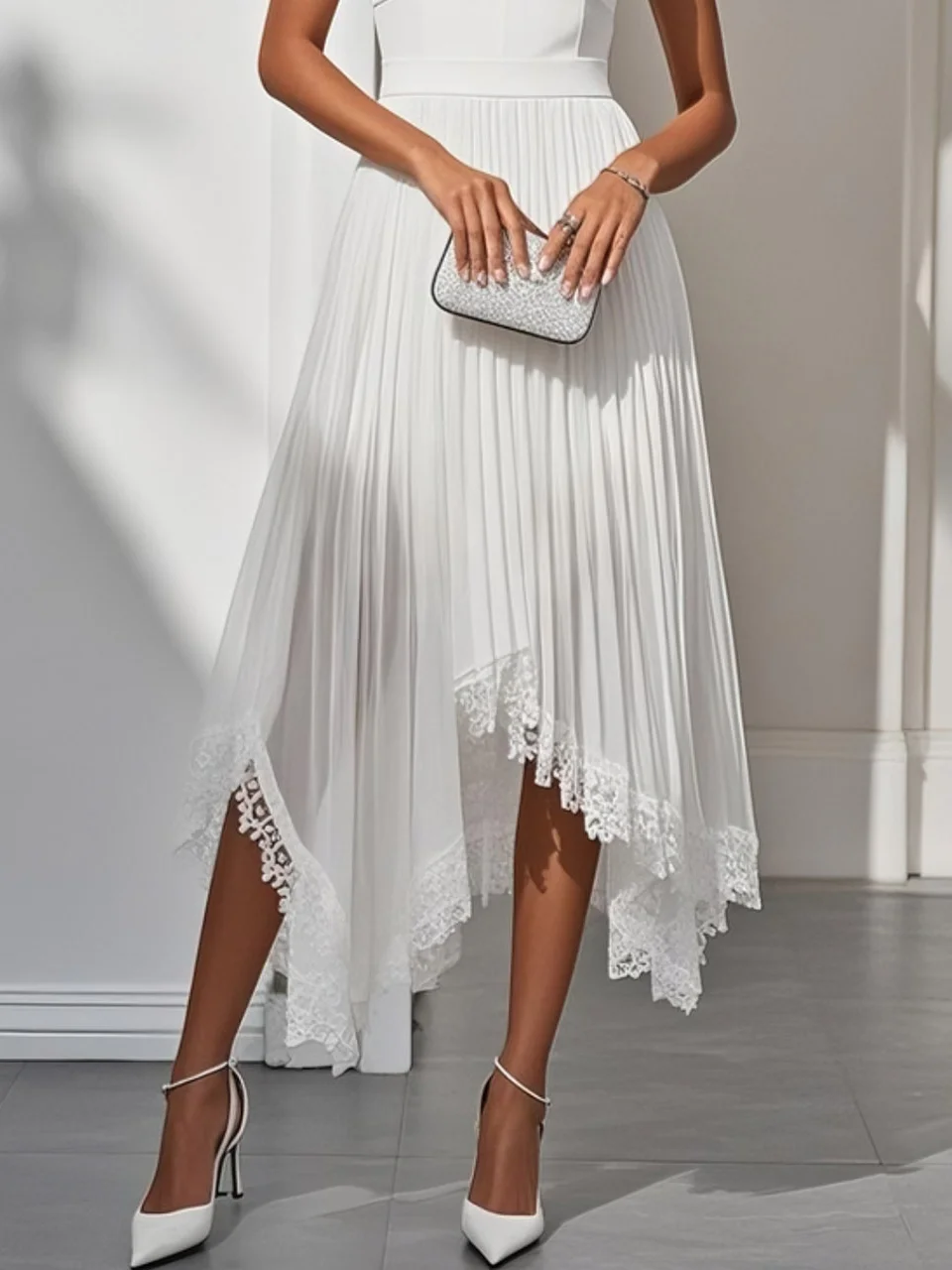 White Pleated Asymmetric Chiffon V Neck Sleeveless A-Line Midi Dress