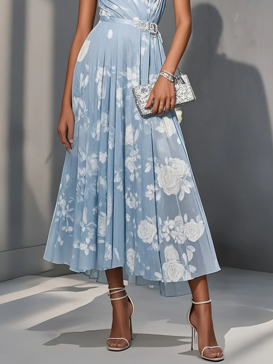 Light Blue Floral Ruched Classic One Shoulder Sleeveless A-Line Midi Dress