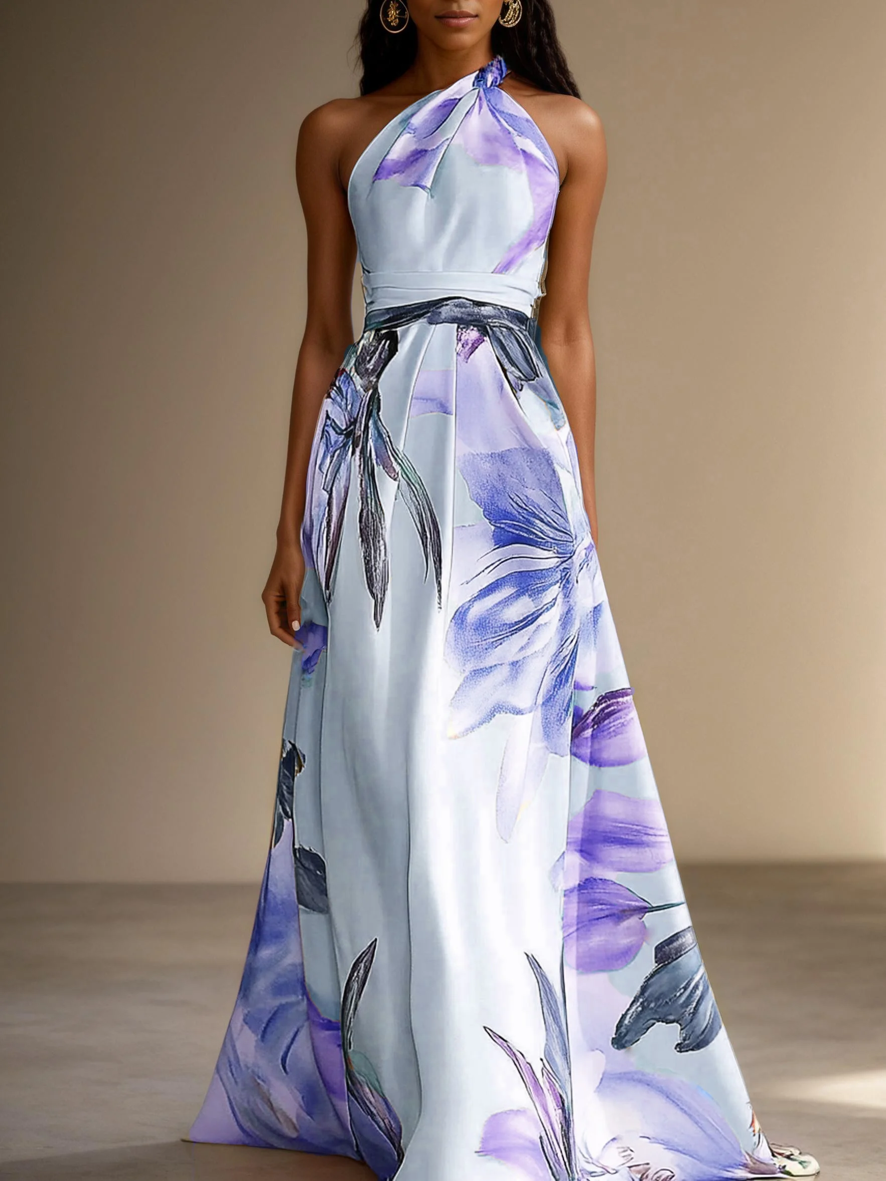 Pink Floral Satin One Shoulder Sleeveless A-Line Maxi Dress