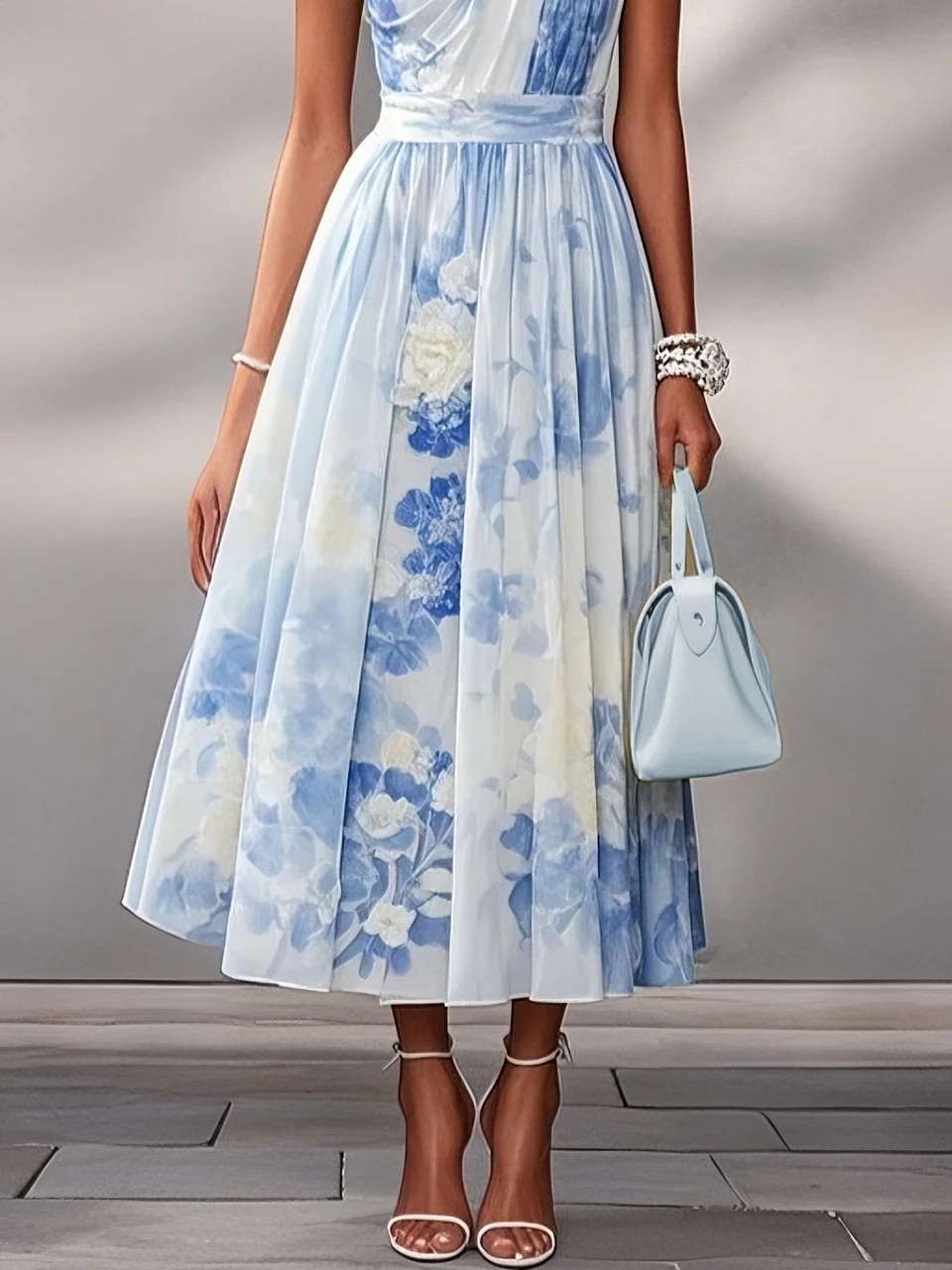 Light Blue Floral Classic One Shoulder Sleeveless A-Line Midi Dress