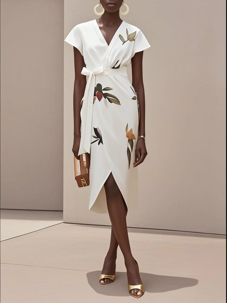 White Printing Satin V Neck Cap Sleeve Sheath Midi Dress