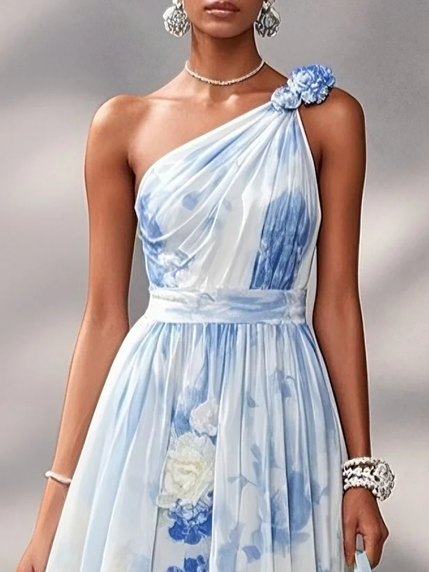 Light Blue Floral Classic One Shoulder Sleeveless A-Line Midi Dress