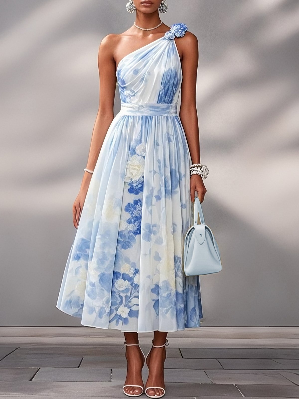 Light Blue Floral Classic One Shoulder Sleeveless A-Line Midi Dress