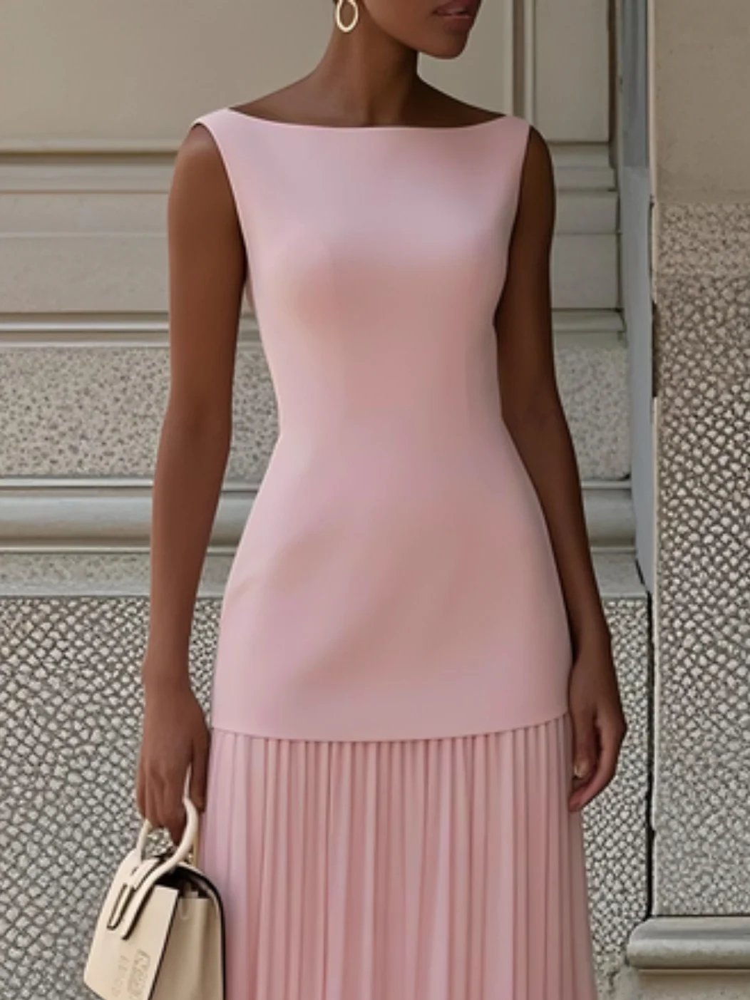 Off White Pleated Classic Boat Neck Sleeveless A-Line Maxi Dress