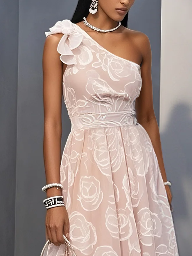 Pink Floral Bow Classic One Shoulder Sleeveless A-Line Midi Dress