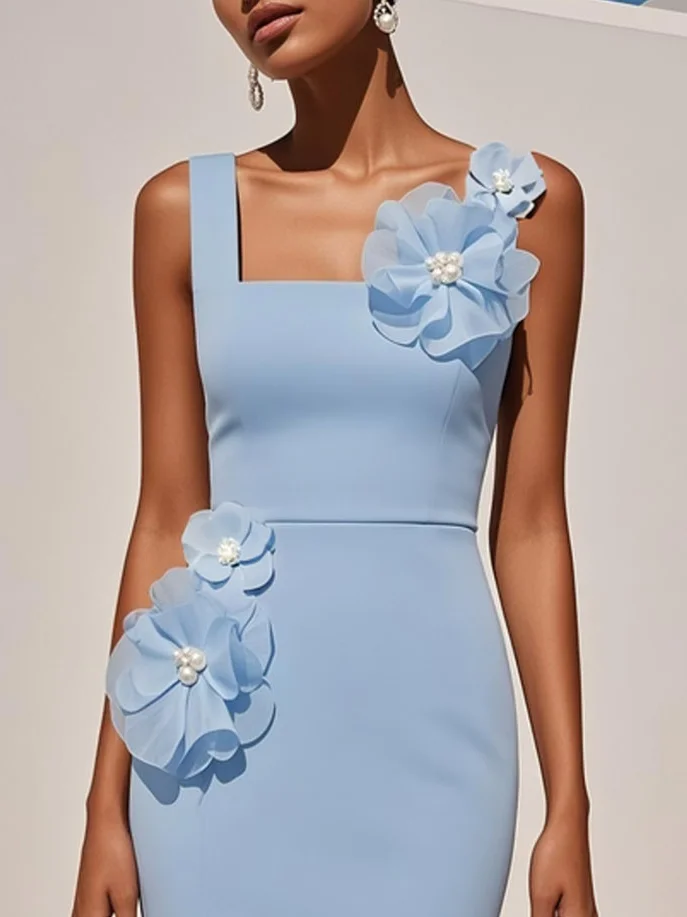 Light Blue Imitation Pearls 3D Floral Classic Square Neck Sleeveless Sheath Midi Dress