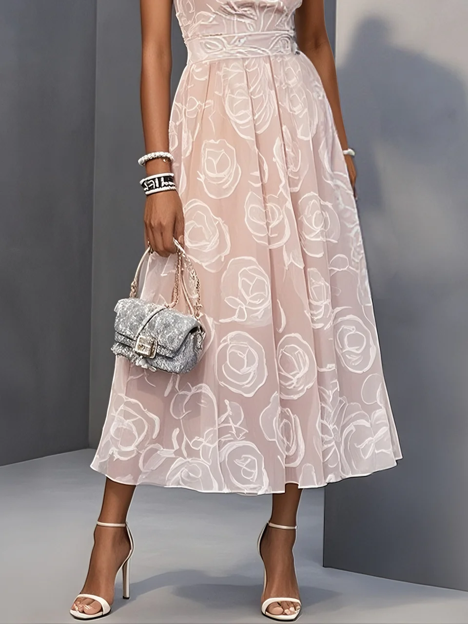 Pink Floral Bow Classic One Shoulder Sleeveless A-Line Midi Dress