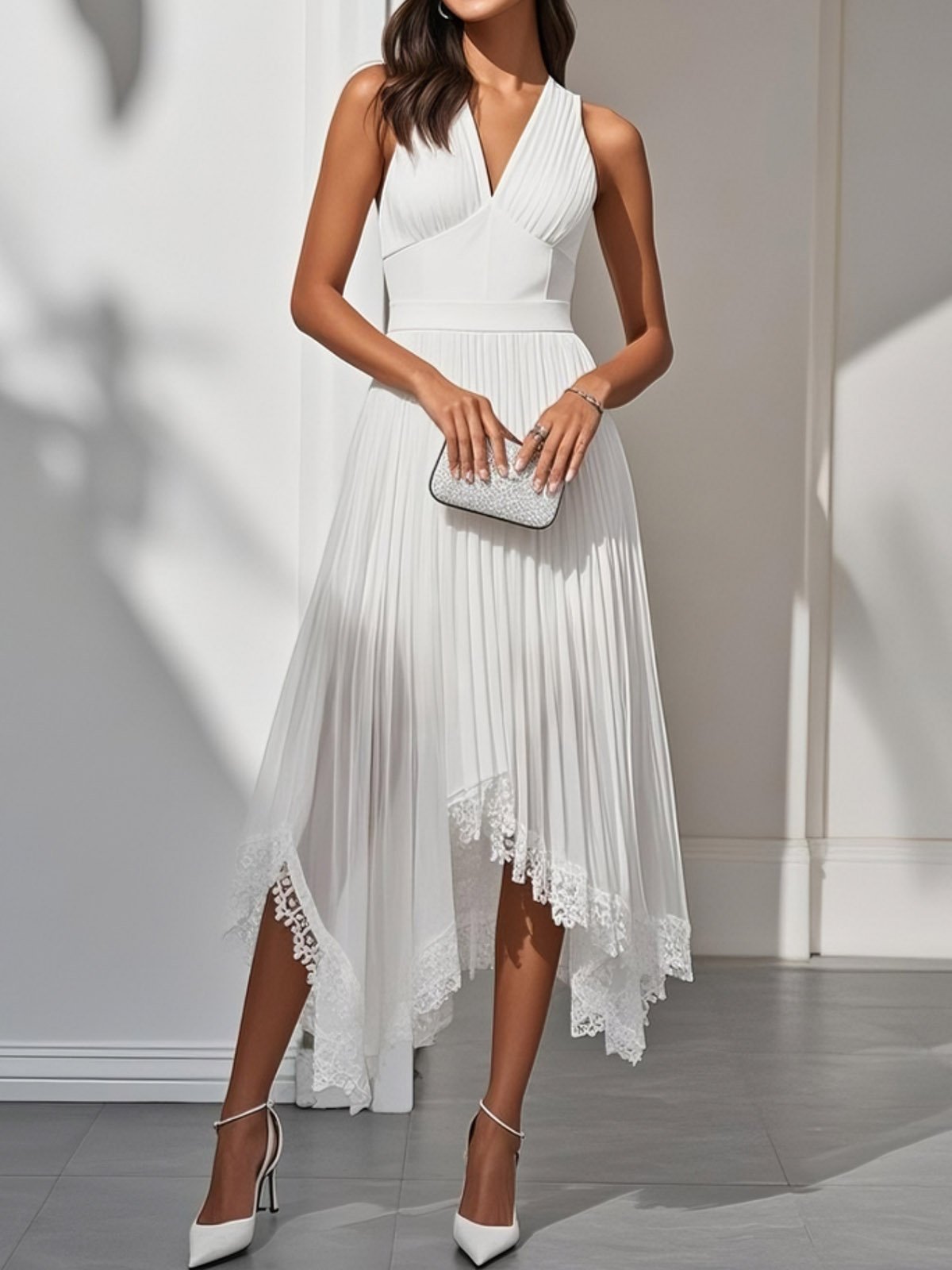 White Pleated Asymmetric Chiffon V Neck Sleeveless A-Line Midi Dress