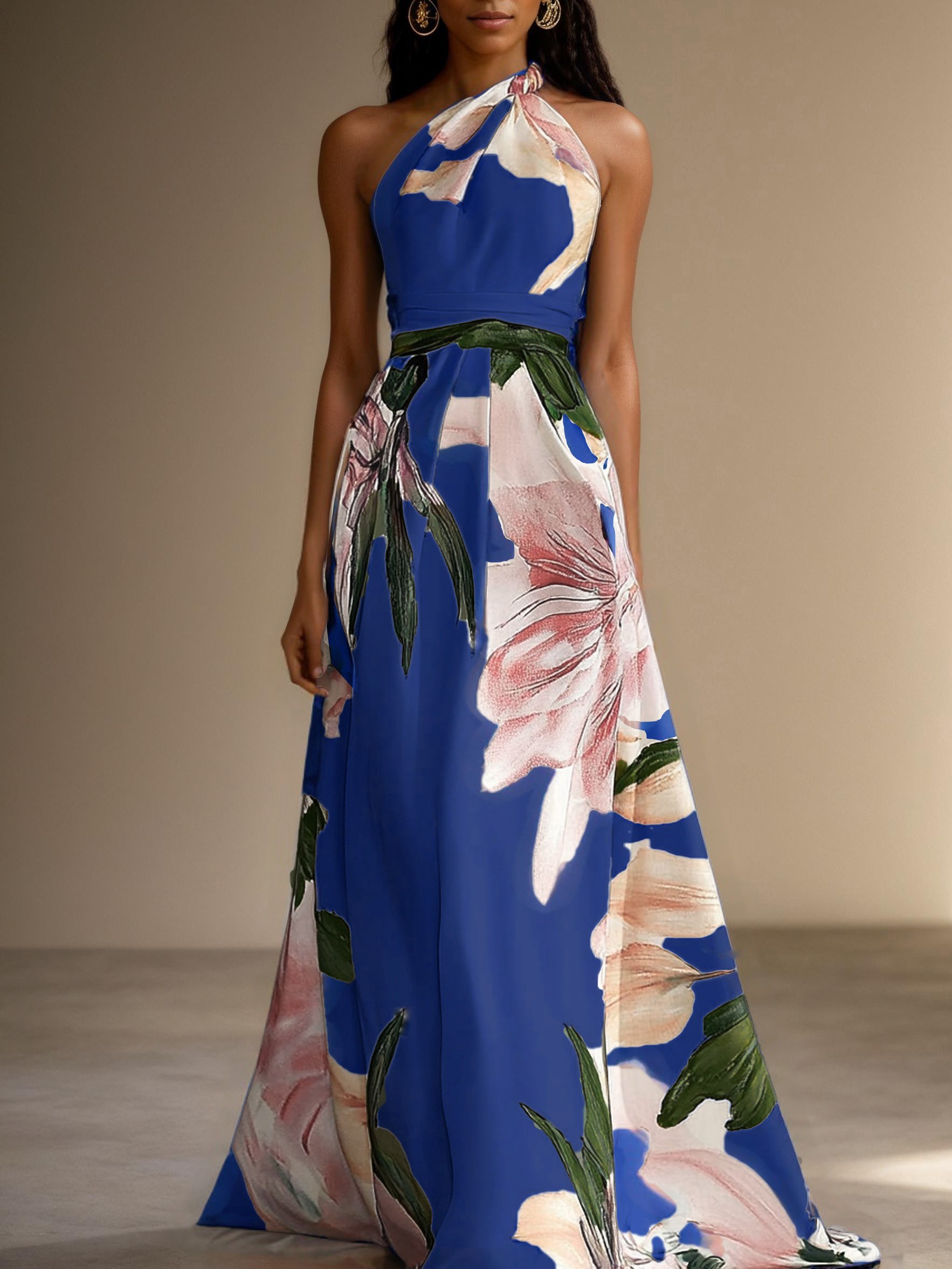 Pink Floral Satin One Shoulder Sleeveless A-Line Maxi Dress