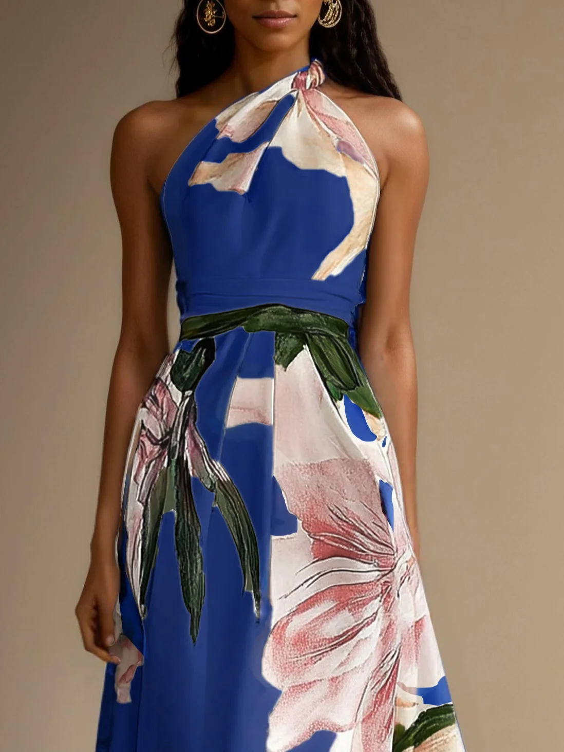 Pink Floral Satin One Shoulder Sleeveless A-Line Maxi Dress