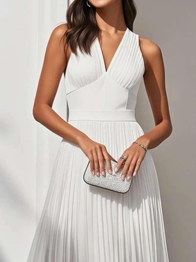 White Pleated Asymmetric Chiffon V Neck Sleeveless A-Line Midi Dress