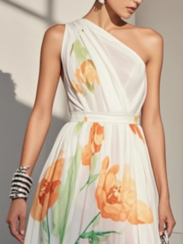 White Floral Asymmetric Chiffon One Shoulder Sleeveless A-Line Midi Dress