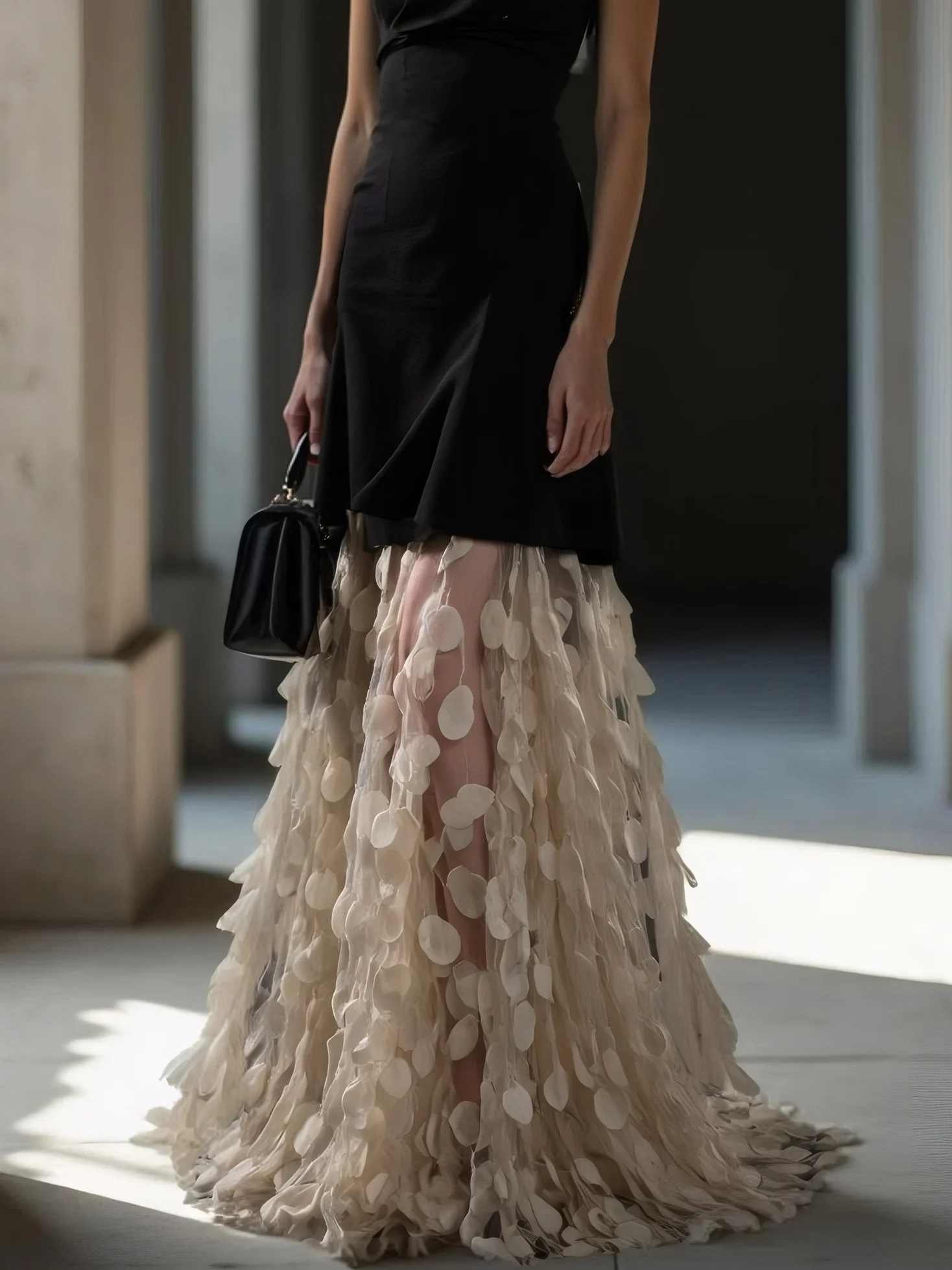 Black 3D Floral Mesh Classic One Shoulder Sleeveless A-Line Gown Dress