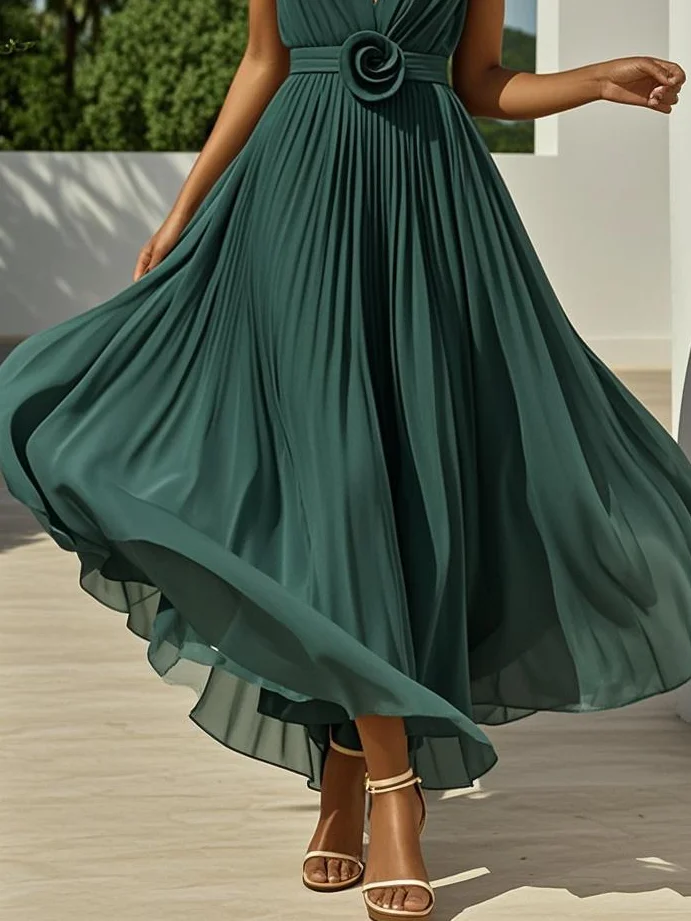 Pink 3D Floral Pleated Chiffon V Neck Sleeveless A-Line Maxi Dress
