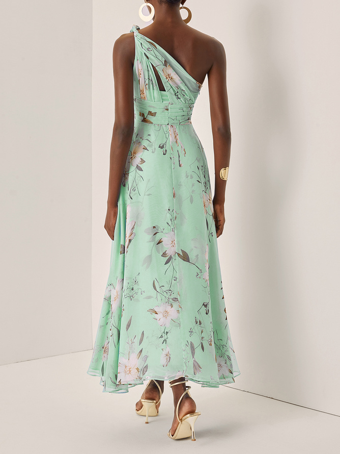 Light Blue Floral Ruched Chiffon One Shoulder Sleeveless A-Line Maxi Dress