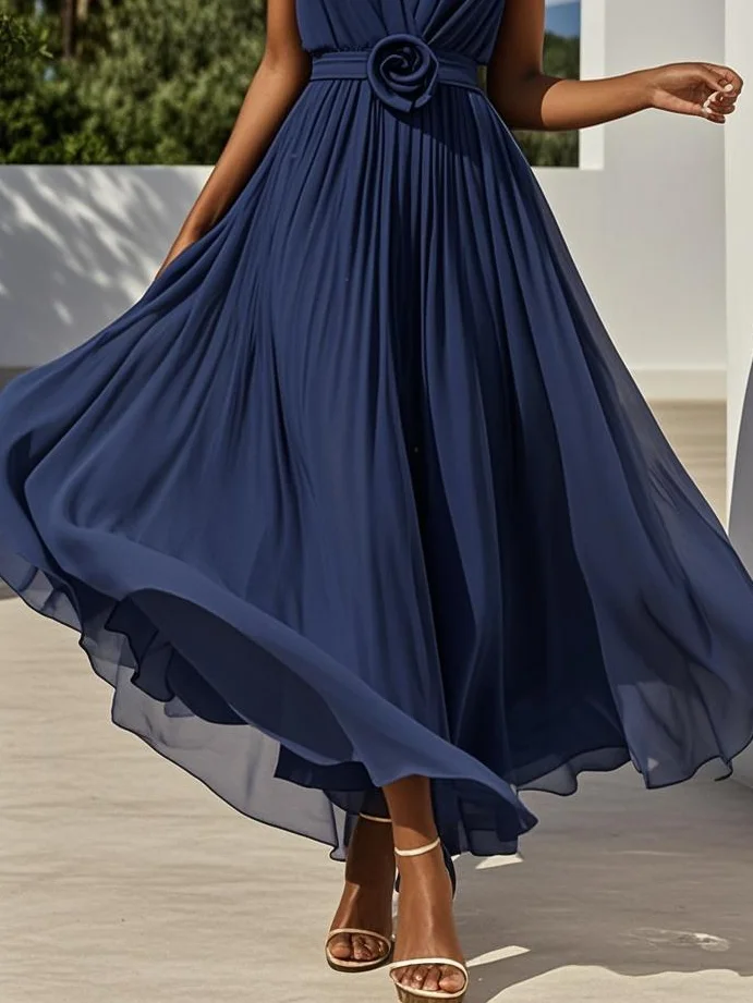 Purplish blue 3D Floral Pleated Chiffon V Neck Sleeveless A-Line Maxi Dress