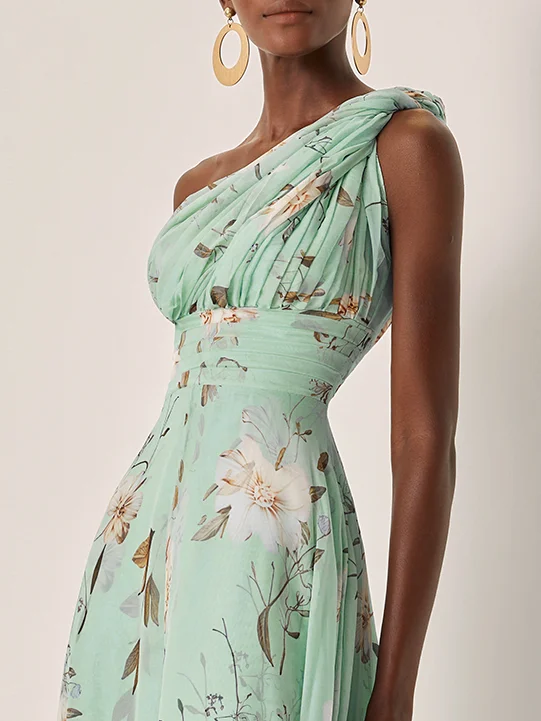 Light Blue Floral Ruched Chiffon One Shoulder Sleeveless A-Line Maxi Dress