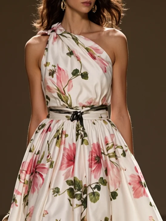 Pink Ruched Floral Classic One Shoulder Sleeveless A-Line Midi Dress