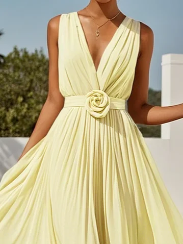 Pink 3D Floral Ruched V Neck A-Line Maxi Chiffon Dress