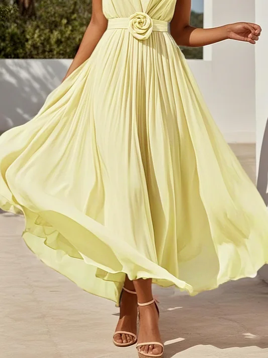 Pink 3D Floral Ruched V Neck A-Line Maxi Chiffon Dress
