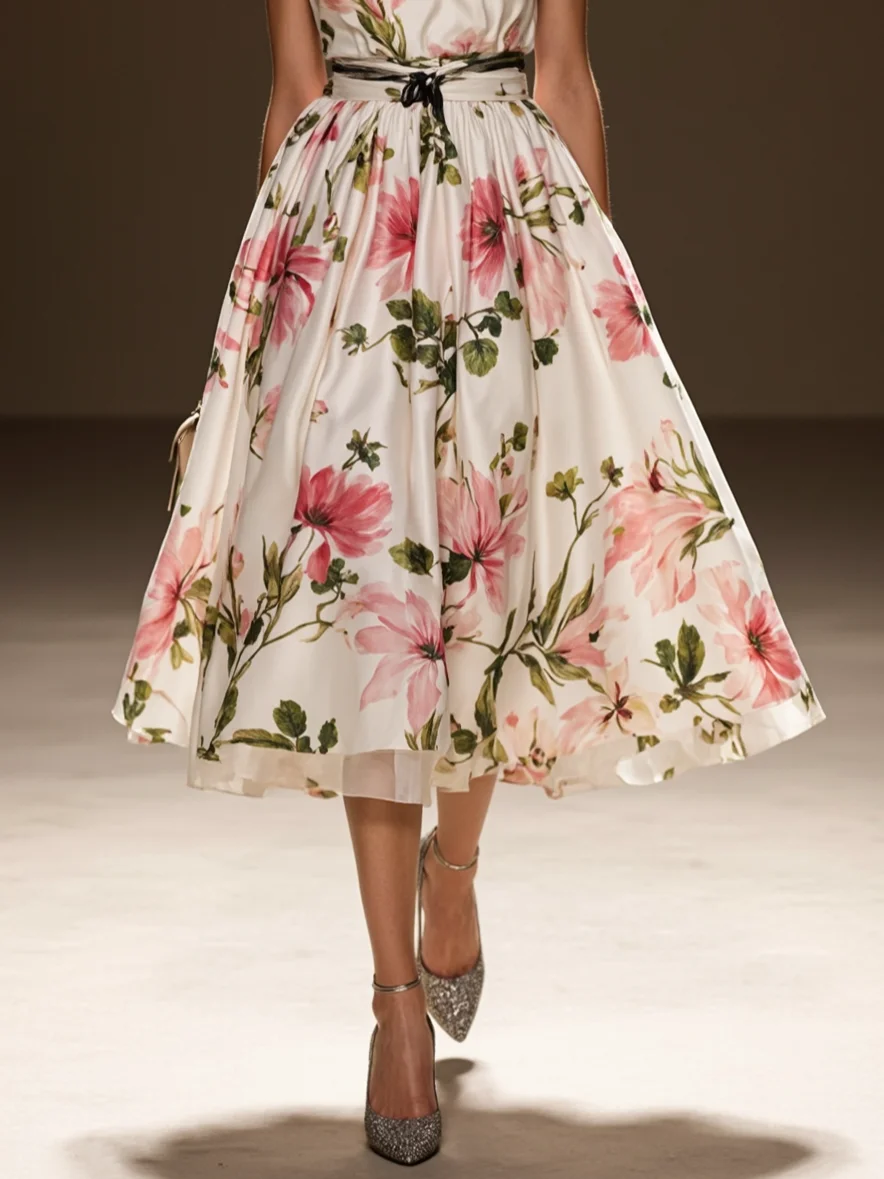 Pink Ruched Floral Classic One Shoulder Sleeveless A-Line Midi Dress