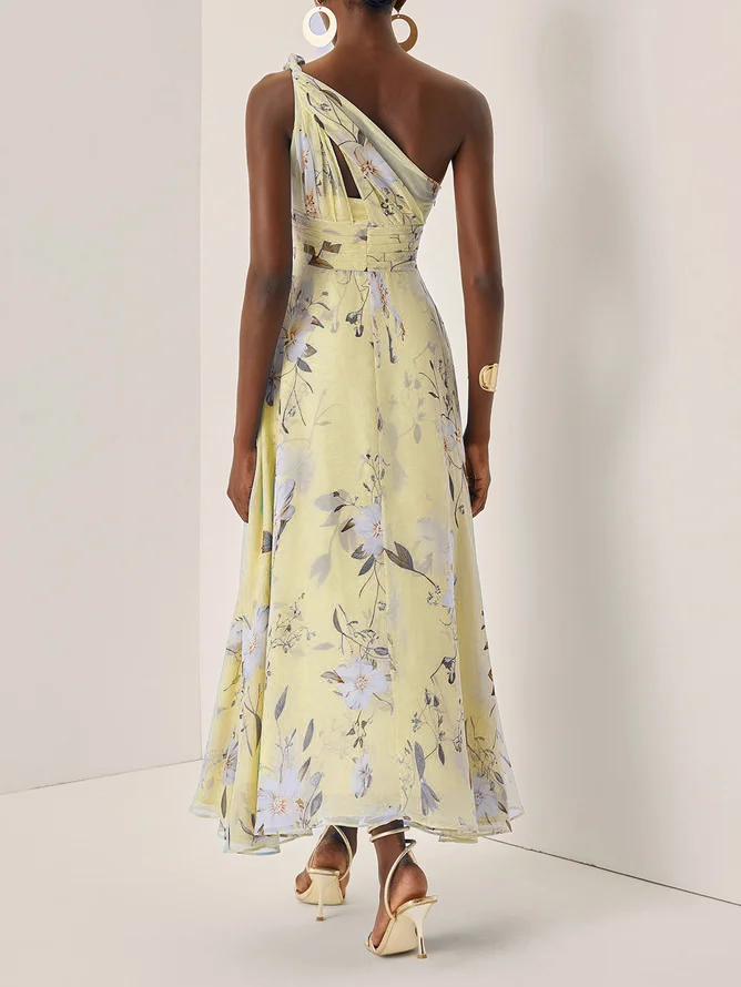 Light Blue Floral Ruched Chiffon One Shoulder Sleeveless A-Line Maxi Dress