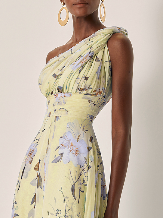 Light Blue Floral Ruched Chiffon One Shoulder Sleeveless A-Line Maxi Dress