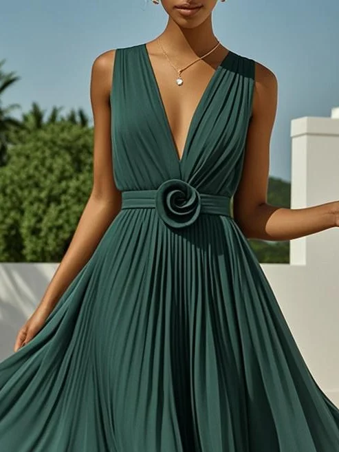 Pink 3D Floral Pleated Chiffon V Neck Sleeveless A-Line Maxi Dress