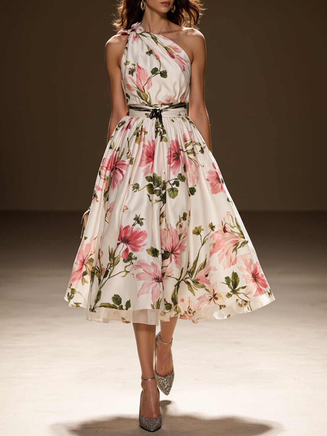 Pink Ruched Floral Classic One Shoulder Sleeveless A-Line Midi Dress