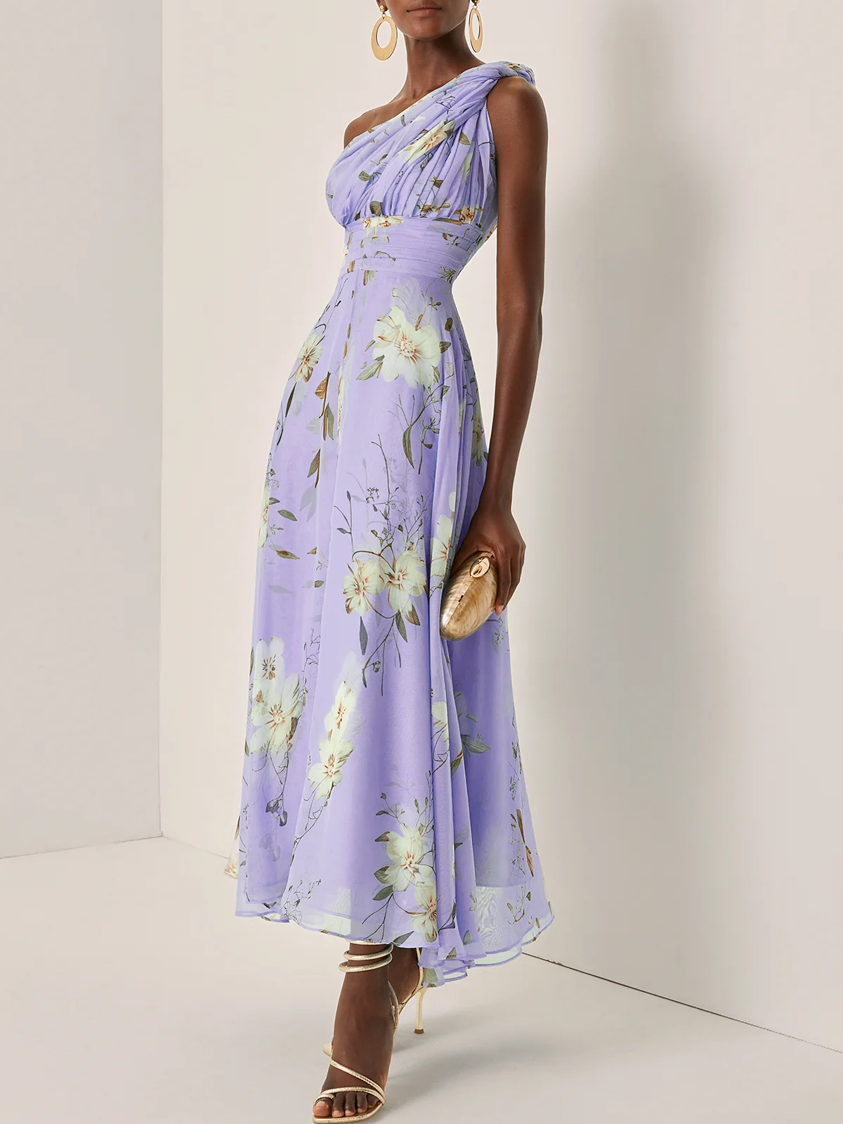 Light Blue Floral Ruched Chiffon One Shoulder Sleeveless A-Line Maxi Dress