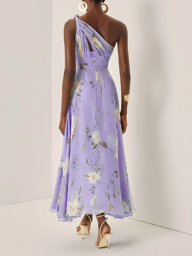 Light Blue Floral Ruched Chiffon One Shoulder Sleeveless A-Line Maxi Dress