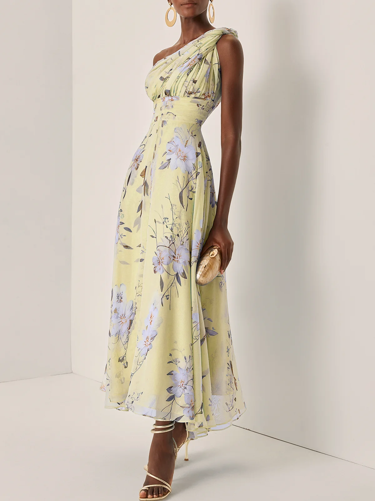 Light Blue Floral Ruched Chiffon One Shoulder Sleeveless A-Line Maxi Dress