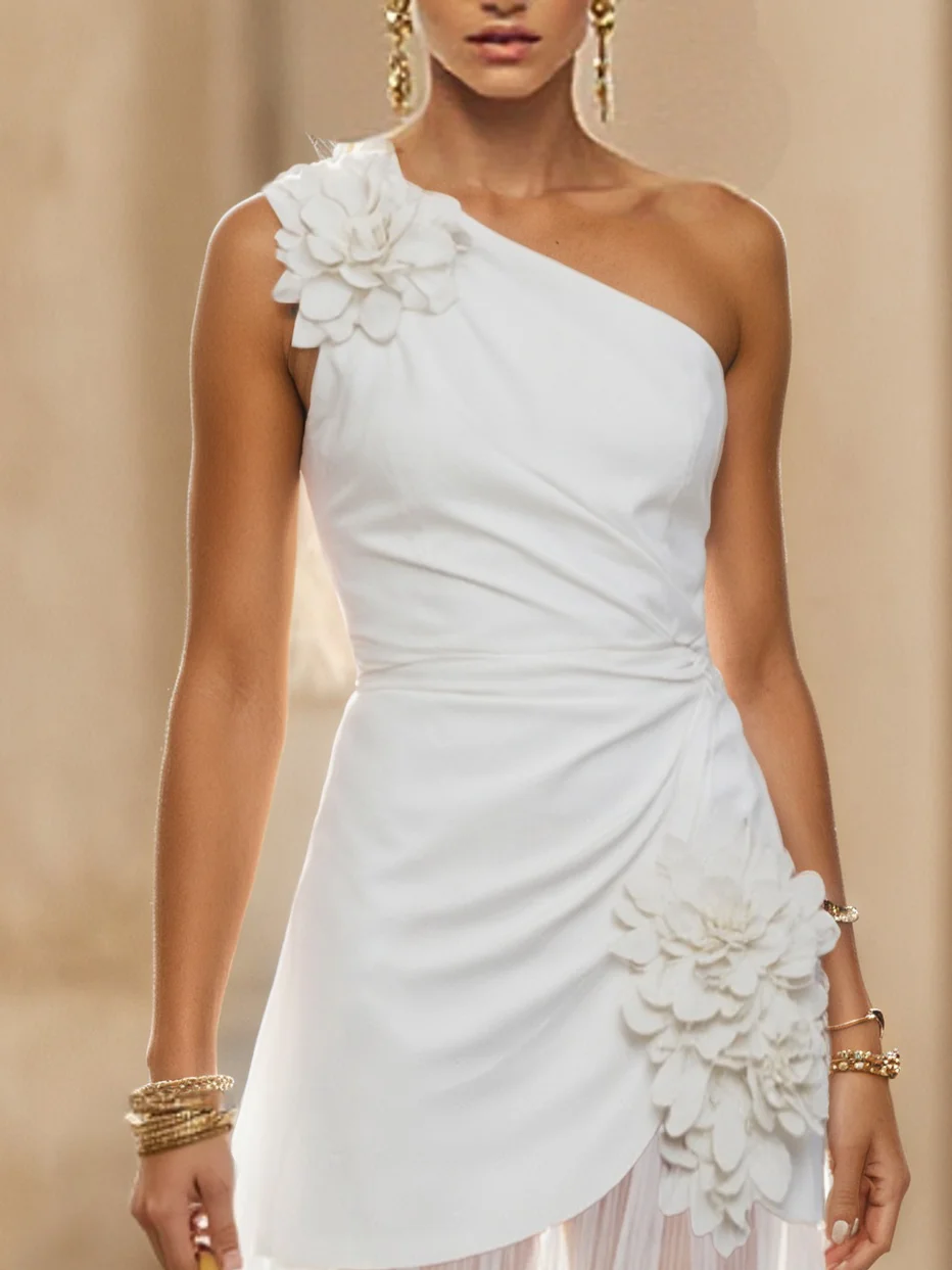 White 3D Floral Ruched Classic One Shoulder Sleeveless A-Line Maxi Dress