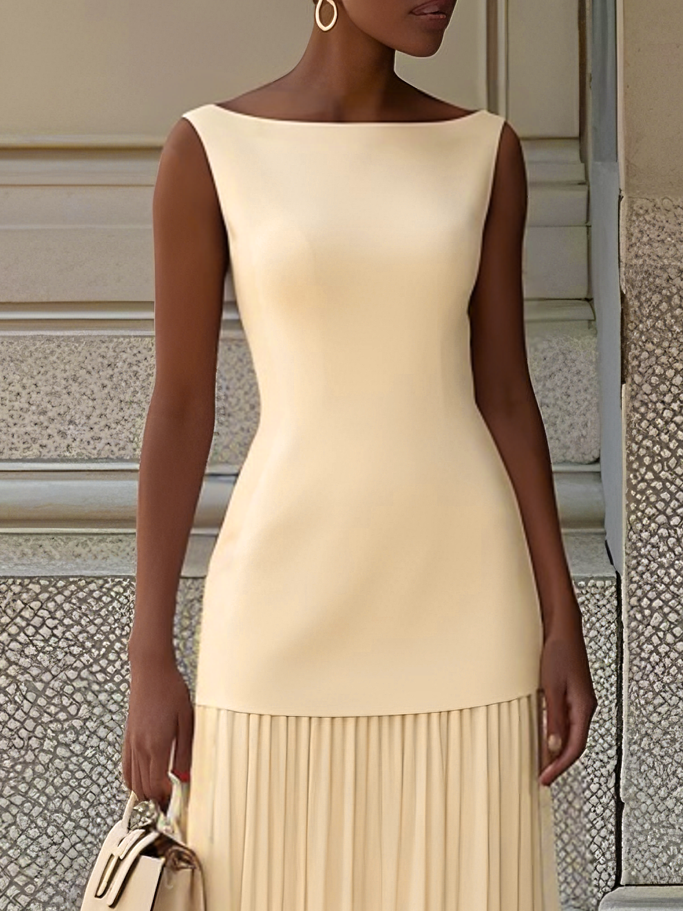 Off White Pleated Boat Neck Sleeveless A-Line Maxi Dress