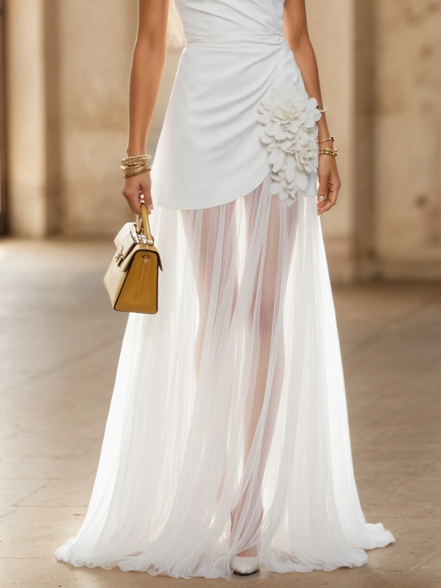 White 3D Floral Ruched Classic One Shoulder Sleeveless A-Line Maxi Dress