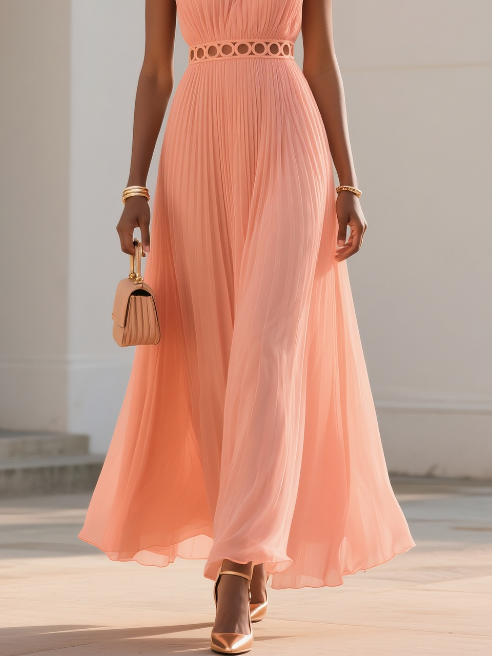 Orange Lace Pleated Chiffon Crew Neck Sleeveless A-Line Maxi Dress